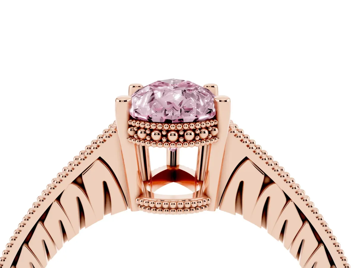 Fancy Pink Pear Cut Solitaire Pavé Diamond Milgrain Engagement Ring with Four-Prong Setting Rose gold