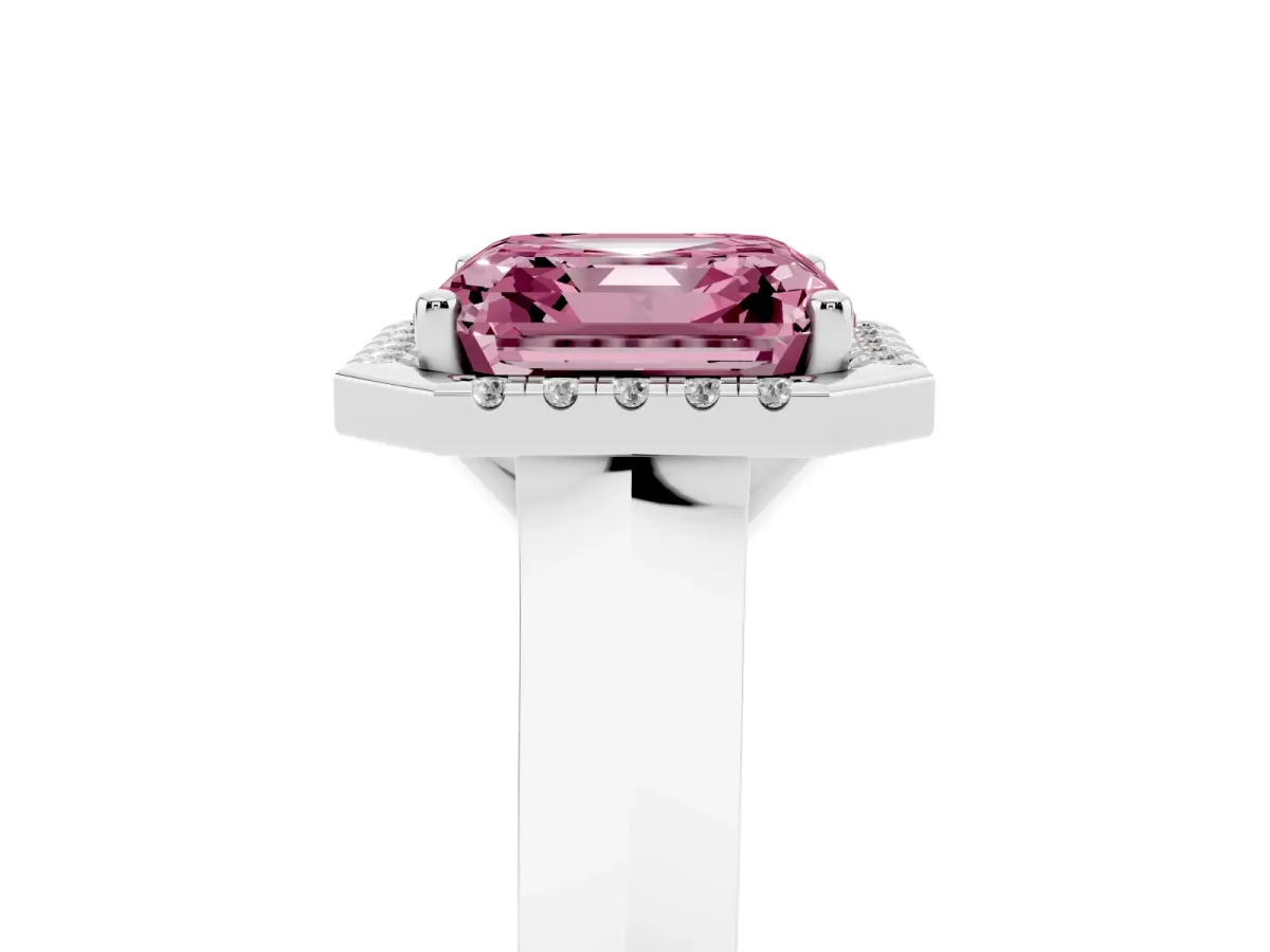 Fancy Pink Asscher Cut Halo Diamond Ring with Cathedral Band and Four-Prong Setting White gold