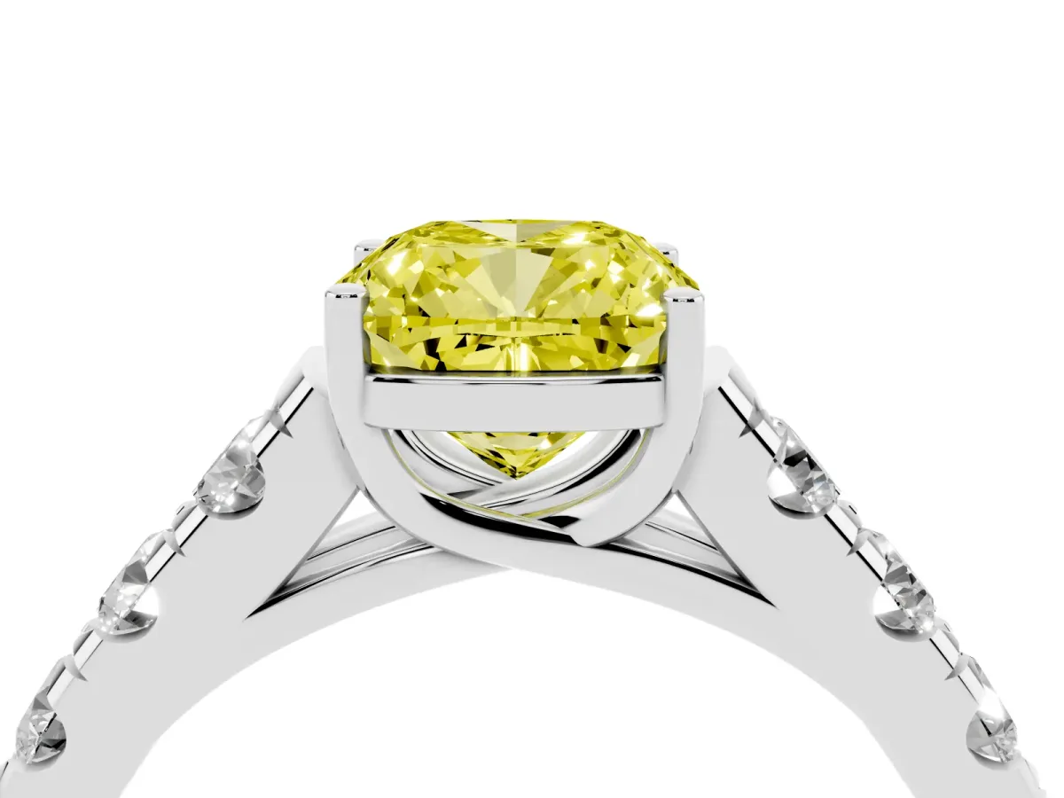 Fancy Yellow Cushion Cut Cut Diamond Solitaire Ring with Micro Pave Band and Prong Setting Silver