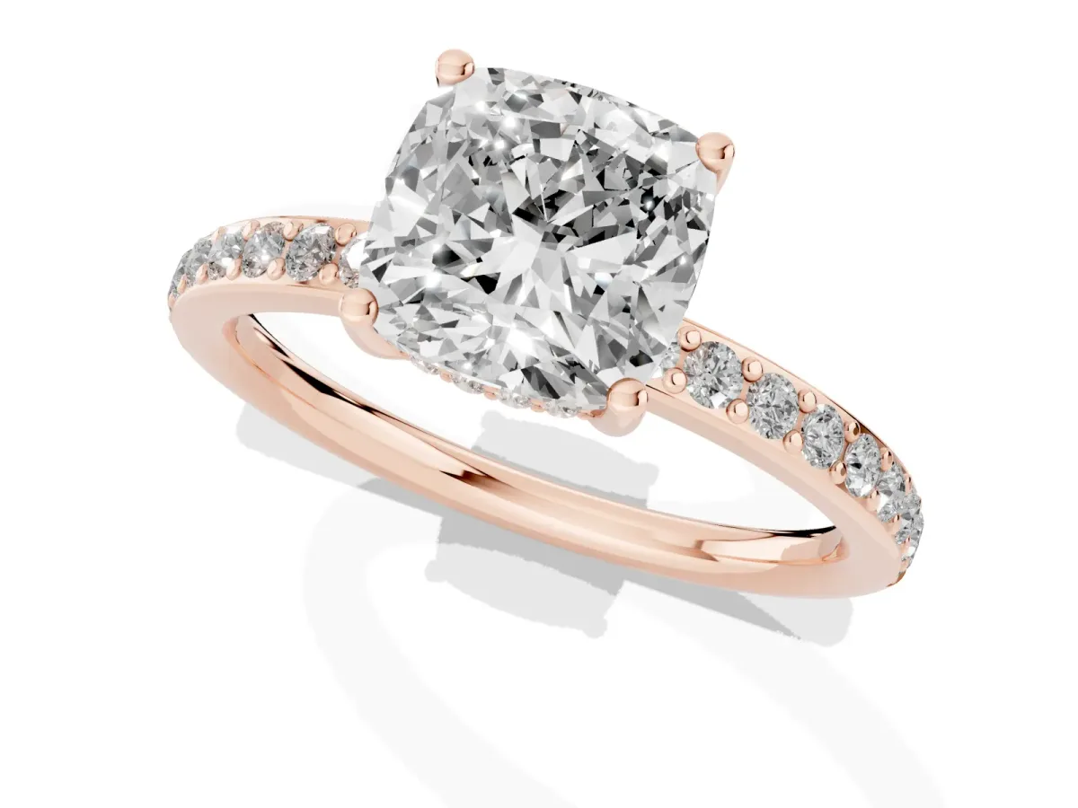 Cushion Cut Cut Diamond Pavé Band Ring with Four-Prong Setting Rose gold