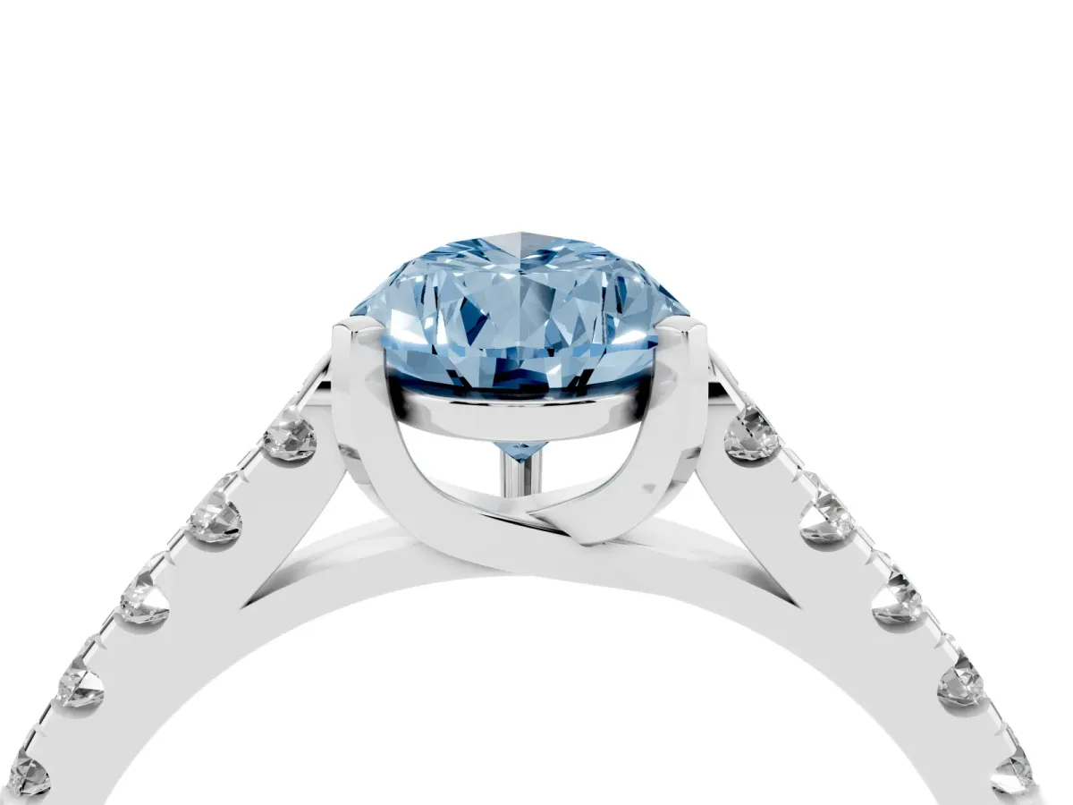 Fancy Blue Pear Cut Diamond Pavé Band Solitaire Ring with Prong Setting Platinum