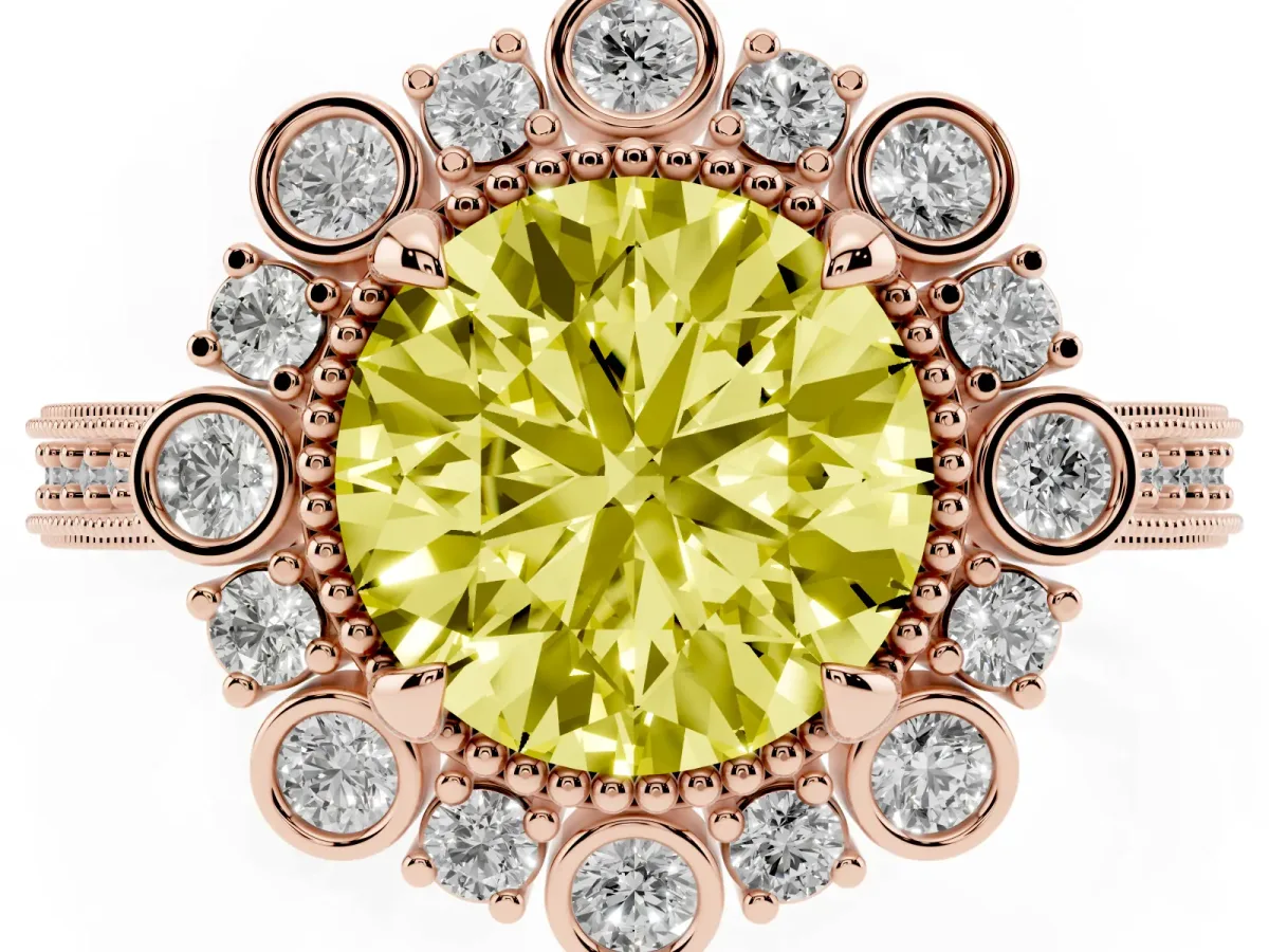 Fancy Yellow Round Cut Halo Milgrain Pave Diamond Ring with Four-Prong Setting Rose gold