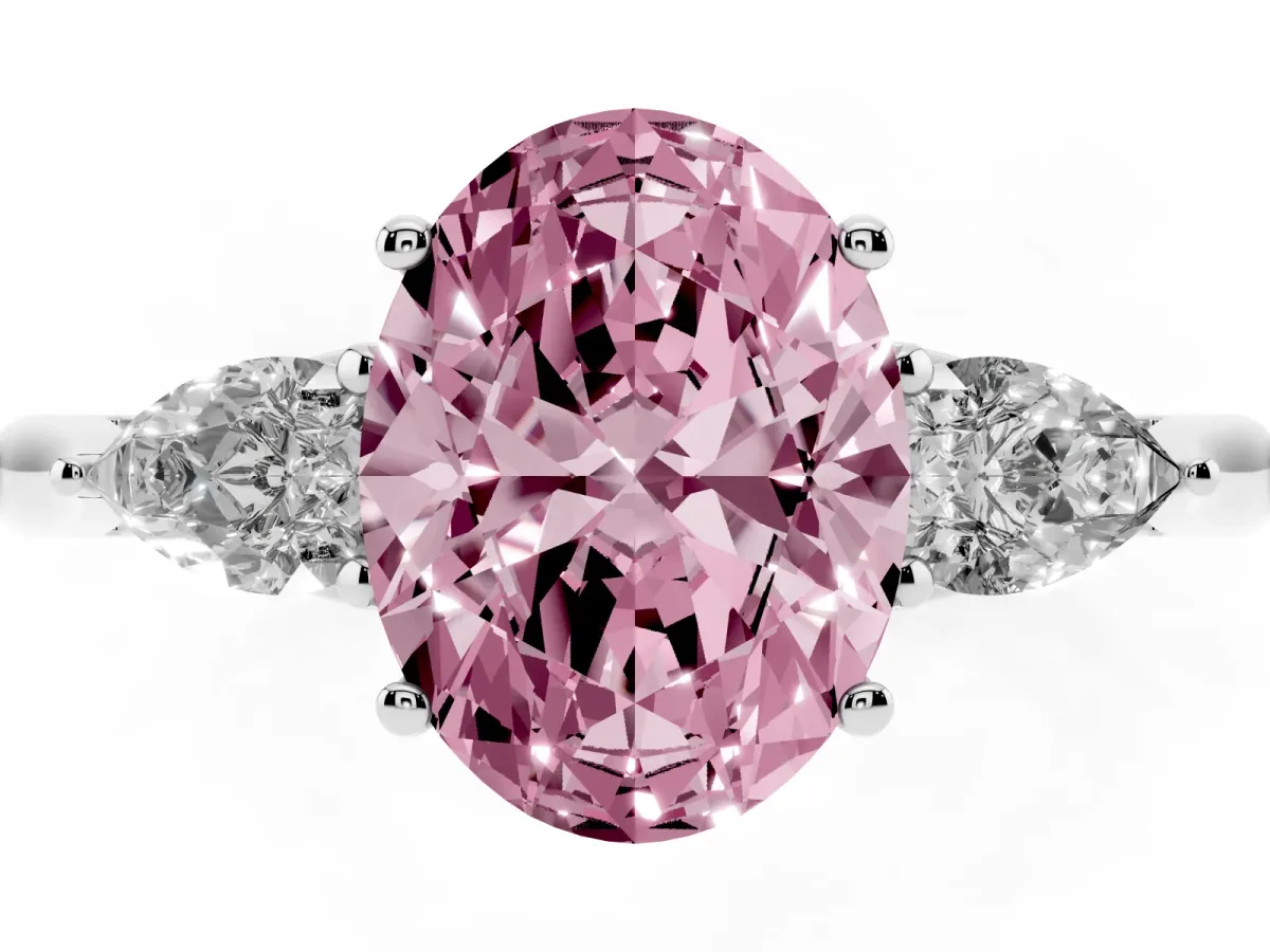 Fancy Pink Oval Cut Diamond Three-Stone Ring with Pear Side Stones and Prong Setting Silver