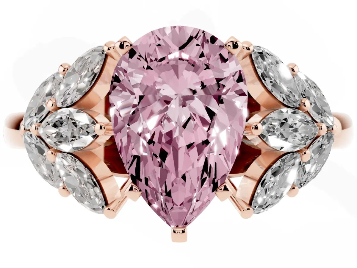 Fancy Pink Pear Cut Diamond Cluster Leaf Design Ring with Prong Setting Rose gold