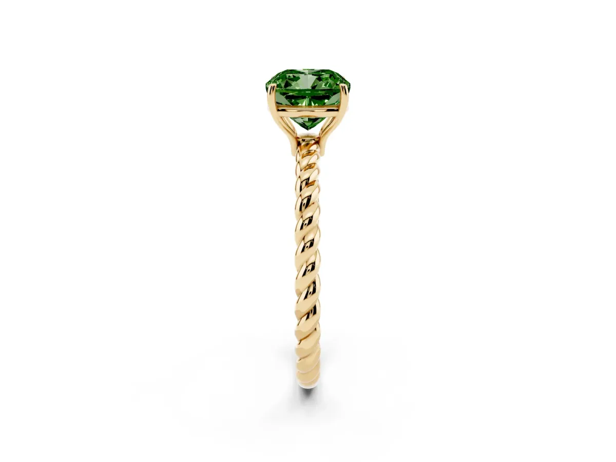 Fancy Green Cushion Cut Solitaire Twist Band Ring with Four-Prong Setting Yellow gold