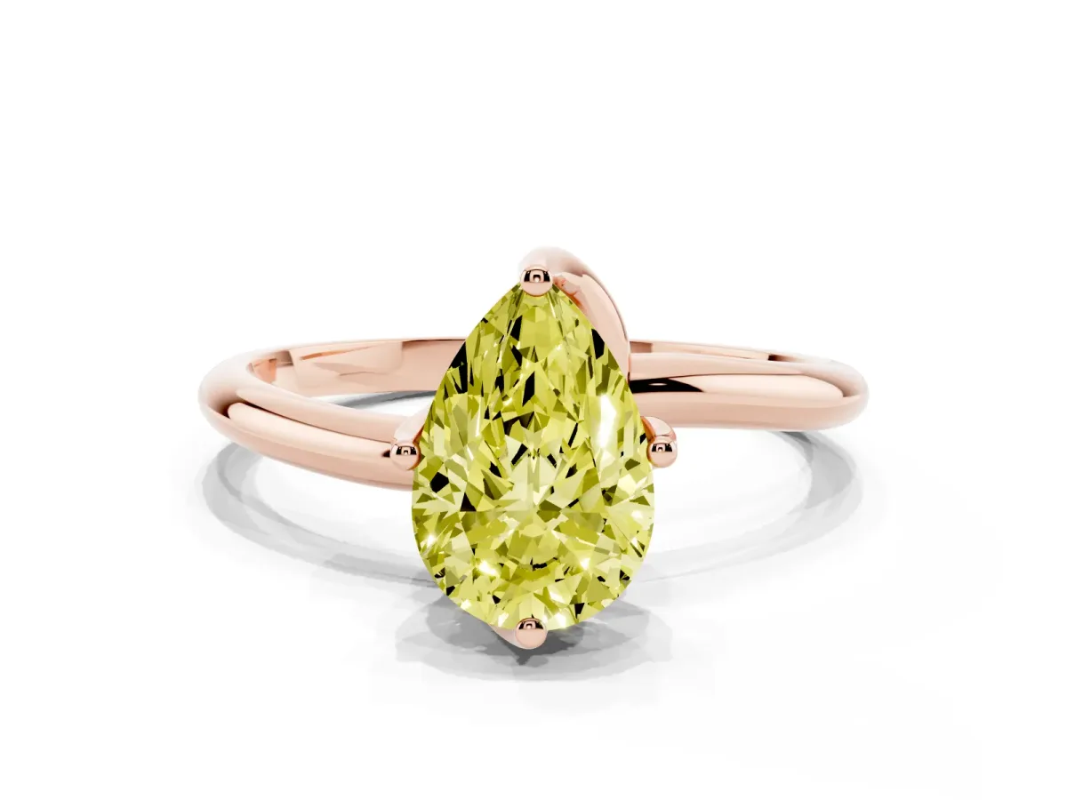 Fancy Yellow Pear Cut Diamond Solitaire Engagement Ring with Four-Prong Setting and Classic Band Rose gold