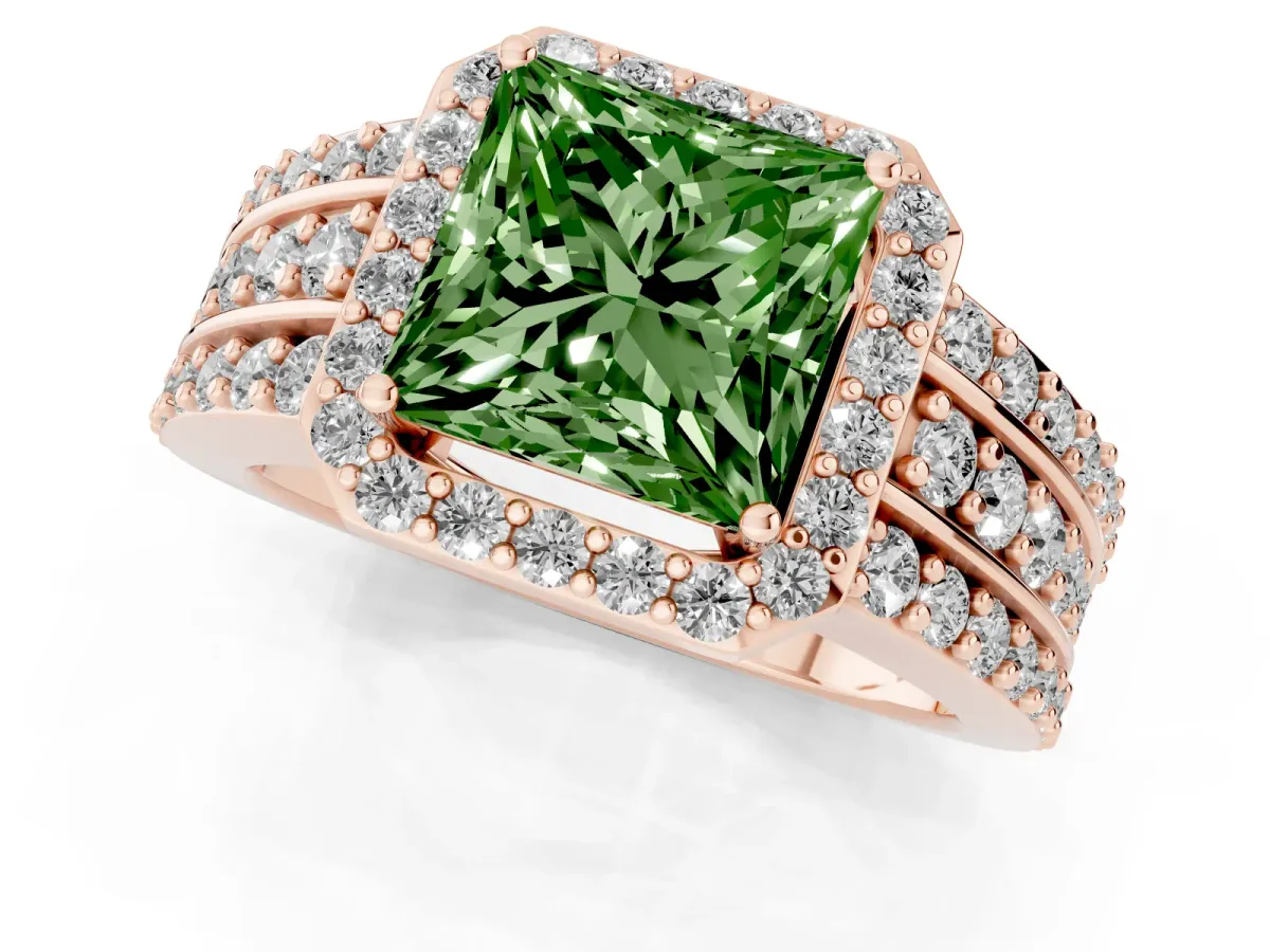 Fancy Green Princess Cut Halo Diamond Ring with Round Split Shank and Prong Setting Rose gold