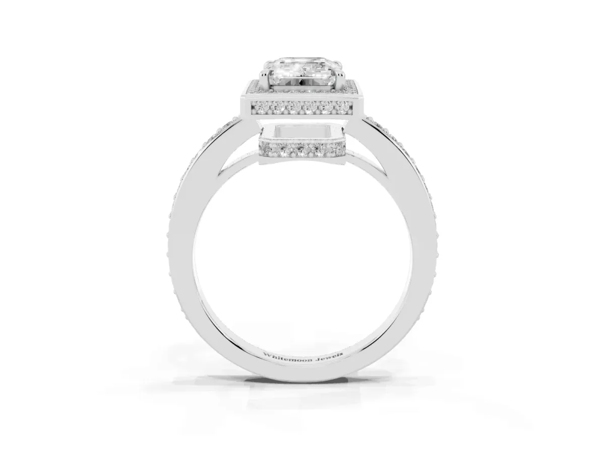 Emerald Cut Halo Pave Band Solitaire Ring with Prong Setting Silver
