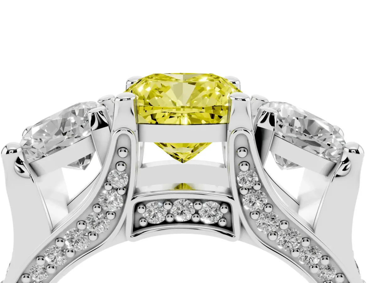 Fancy Yellow Cushion Cut Diamond Three-Stone Ring with Channel Set Band and Four-Prong Setting Silver