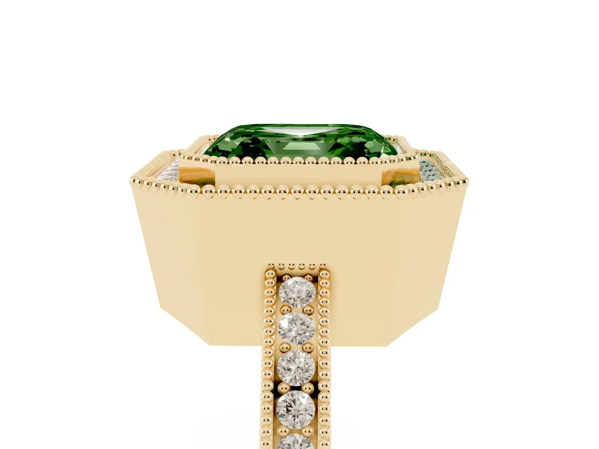 Fancy Green Asscher Cut Cut Halo Diamond Ring with Pavé Band and Milgrain Prong Setting Yellow gold