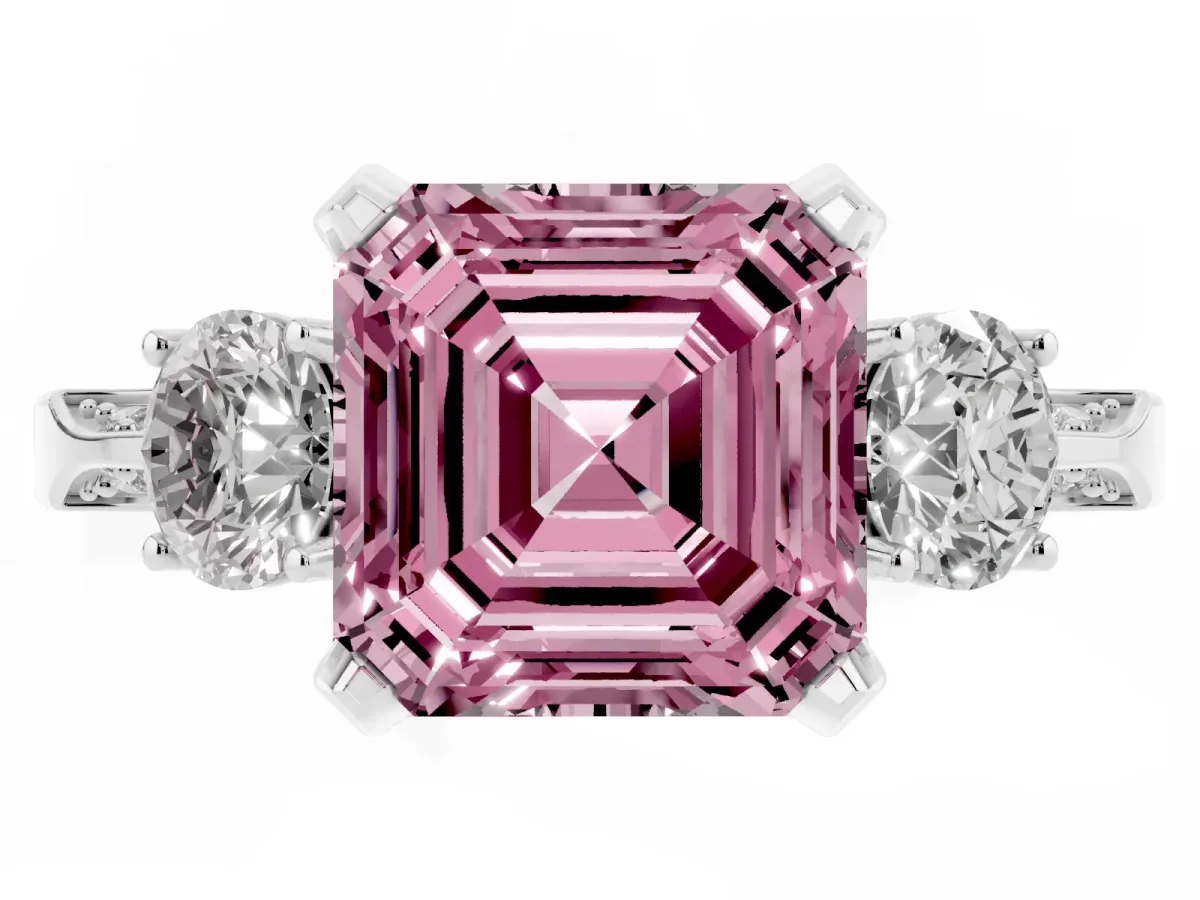 Fancy Pink Asscher Cut Brilliant Three-Stone Diamond Ring with Pavé Band and Four-Prong Setting Platinum