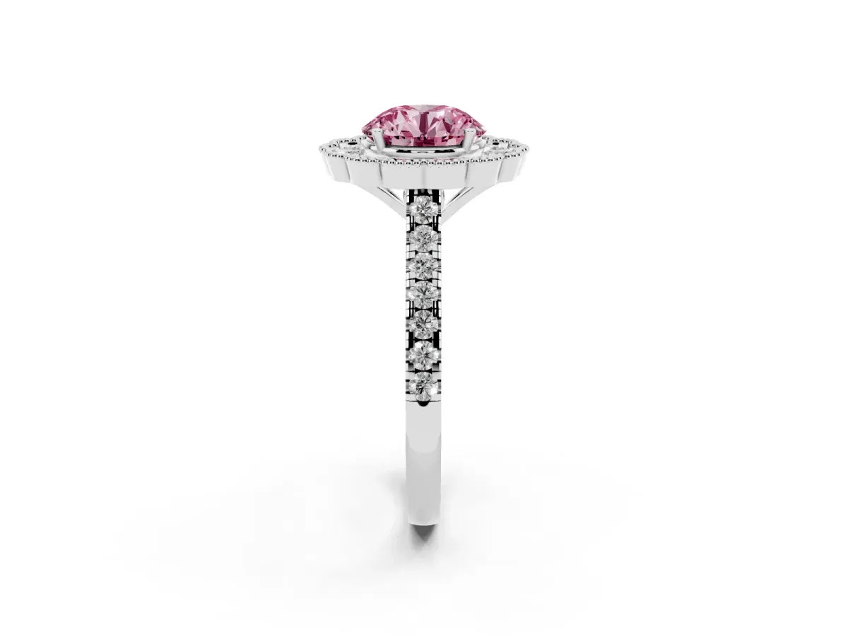 Fancy Pink Round Cut Cut Diamond Milgrain Floral Halo Engagement Ring with Pavé Band Silver