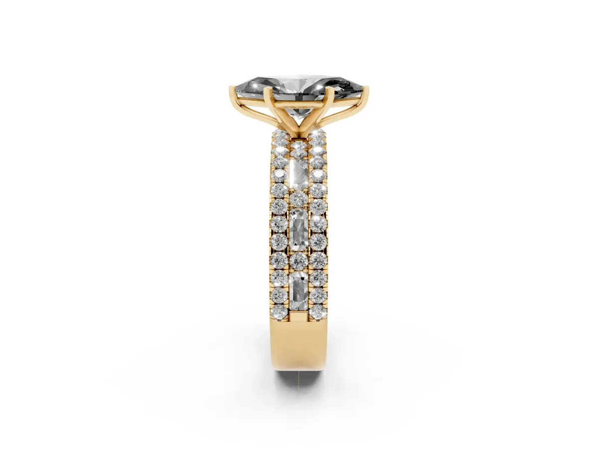 Fancy Black Marquise Cut Diamond Solitaire Ring with Pavé and Channel Set Band Yellow gold