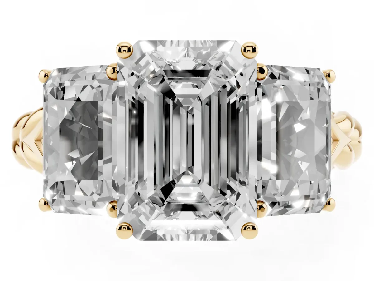 Three-Stone Radiant Cut Diamond Braided Band Ring with Four-Prong Setting Yellow gold