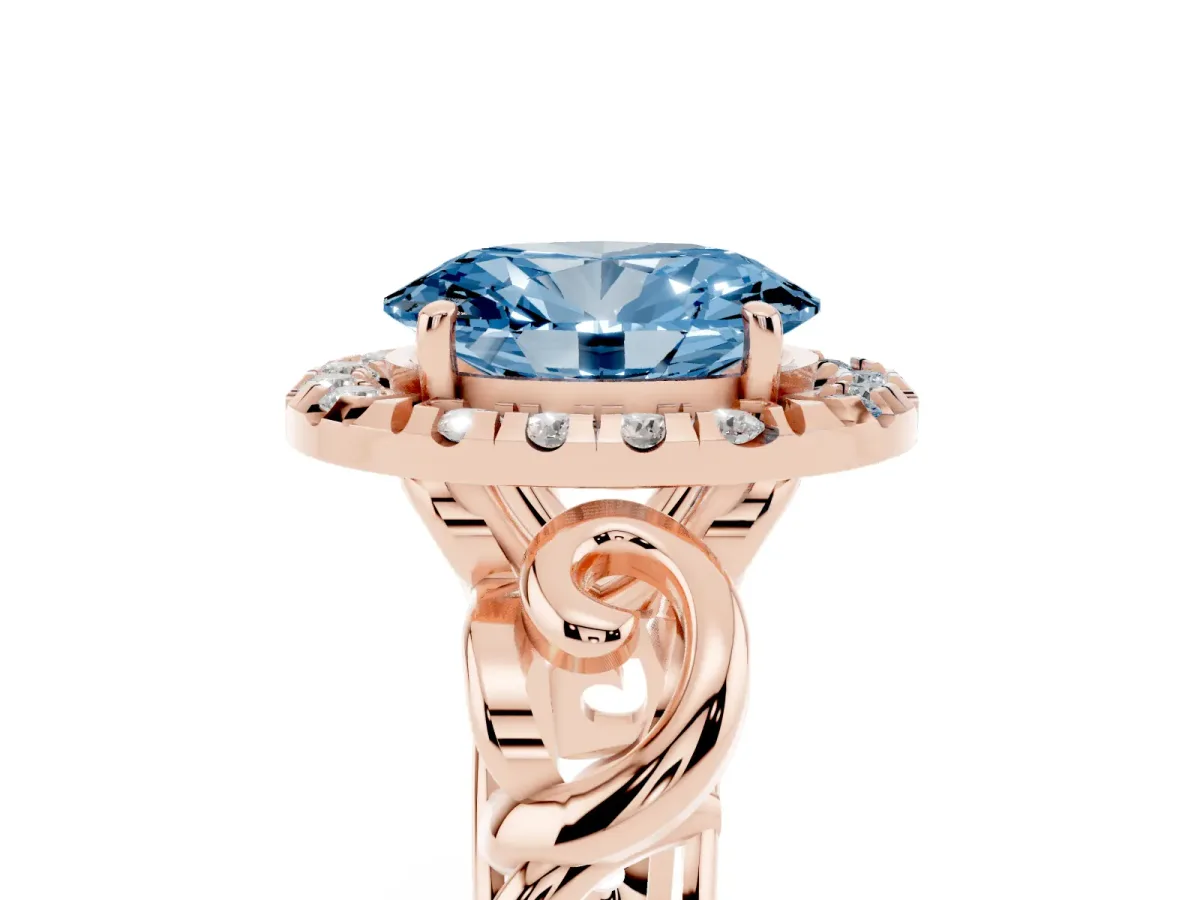 Fancy Blue Oval Cut Cut Halo Diamond Ring with Scrollwork Band and Four-Prong Setting Rose gold