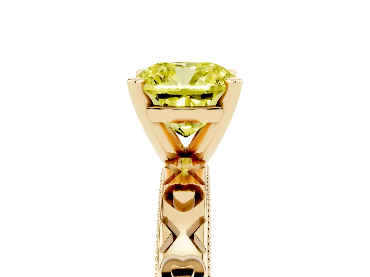Fancy Yellow Cushion Cut Solitaire Diamond Engagement Ring with XO Engraved Band and Four-Prong Setting Yellow gold