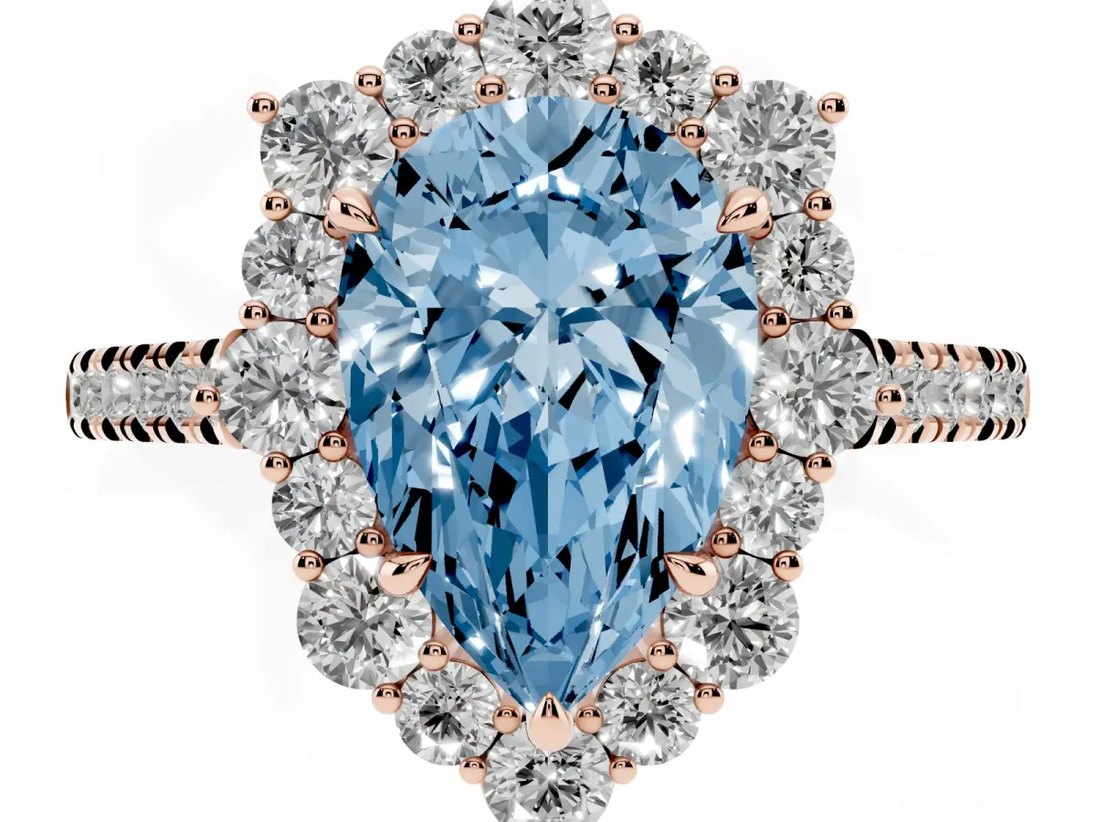 Fancy Blue Pear Cut Halo Diamond Ring with Pavé Band and Prong Setting Rose gold
