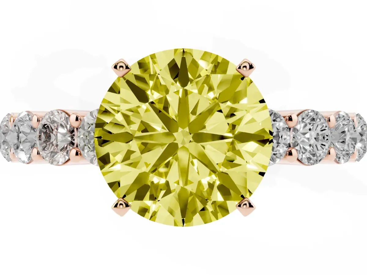 Fancy Yellow Round Cut Diamond Solitaire Ring with Shared Prong Round Side Stones Rose gold