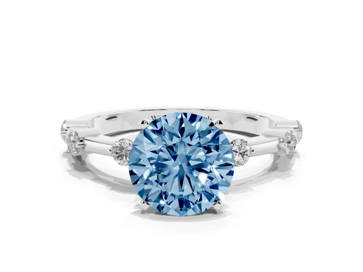 Fancy Blue Round Cut Solitaire Diamond Ring with Bezel Set Side Stones and Prong Setting Silver