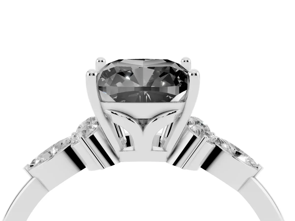 Fancy Black Cushion Cut Brilliant Diamond Solitaire Ring with Pear Side Stones and Four-Prong Setting White gold