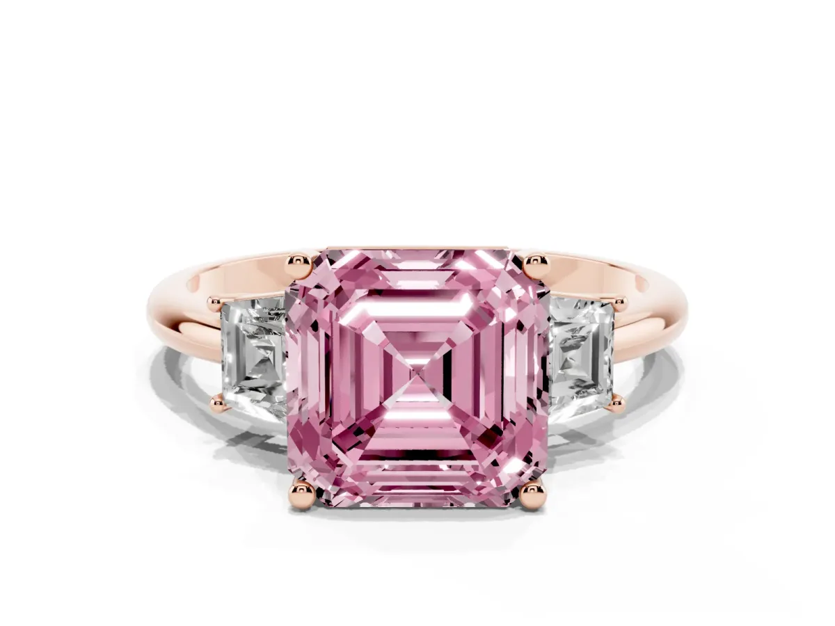Fancy Pink Asscher Cut Diamond Three-Stone Ring with Trapezoid Side Stones and Prong Setting Rose gold