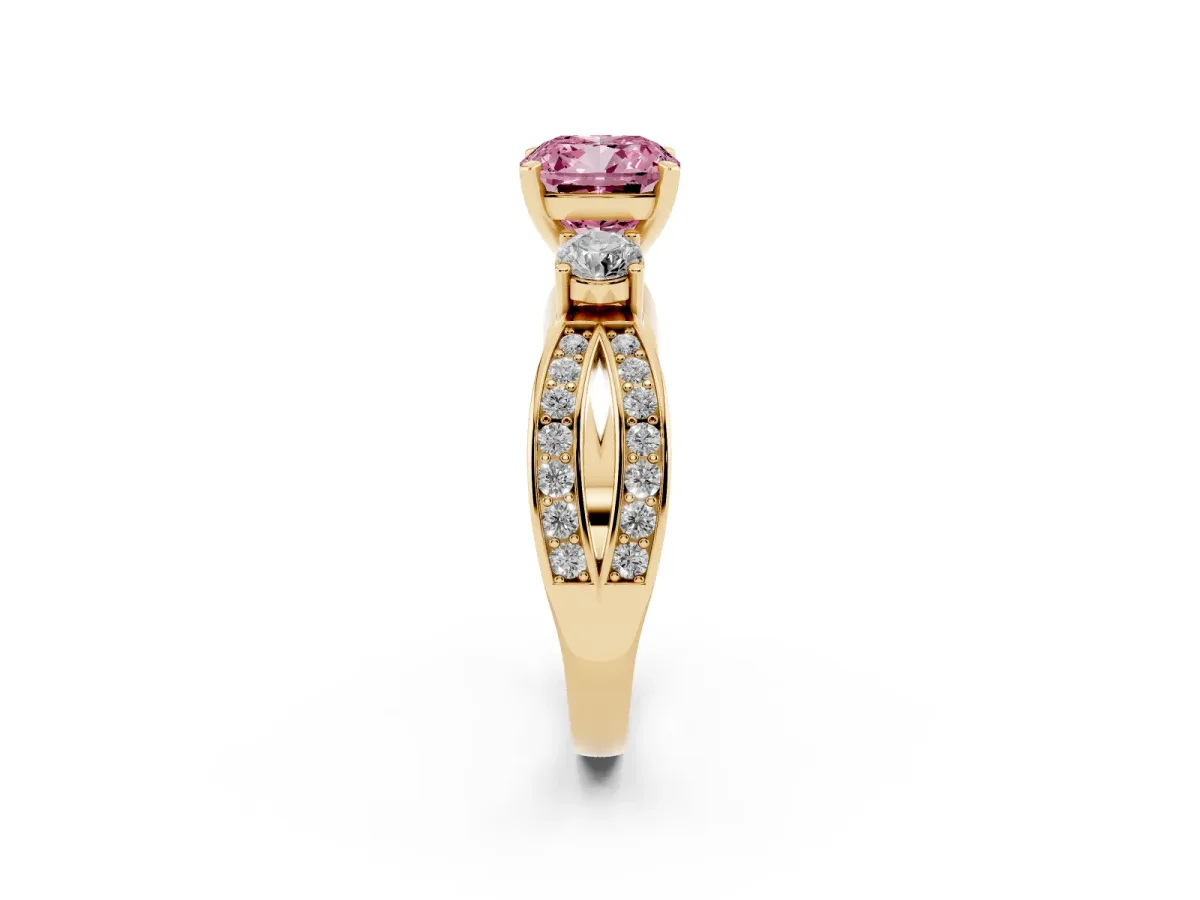 Fancy Pink Three-Stone Cushion Cut Cut Diamond Twist Band with Prong Setting Yellow gold