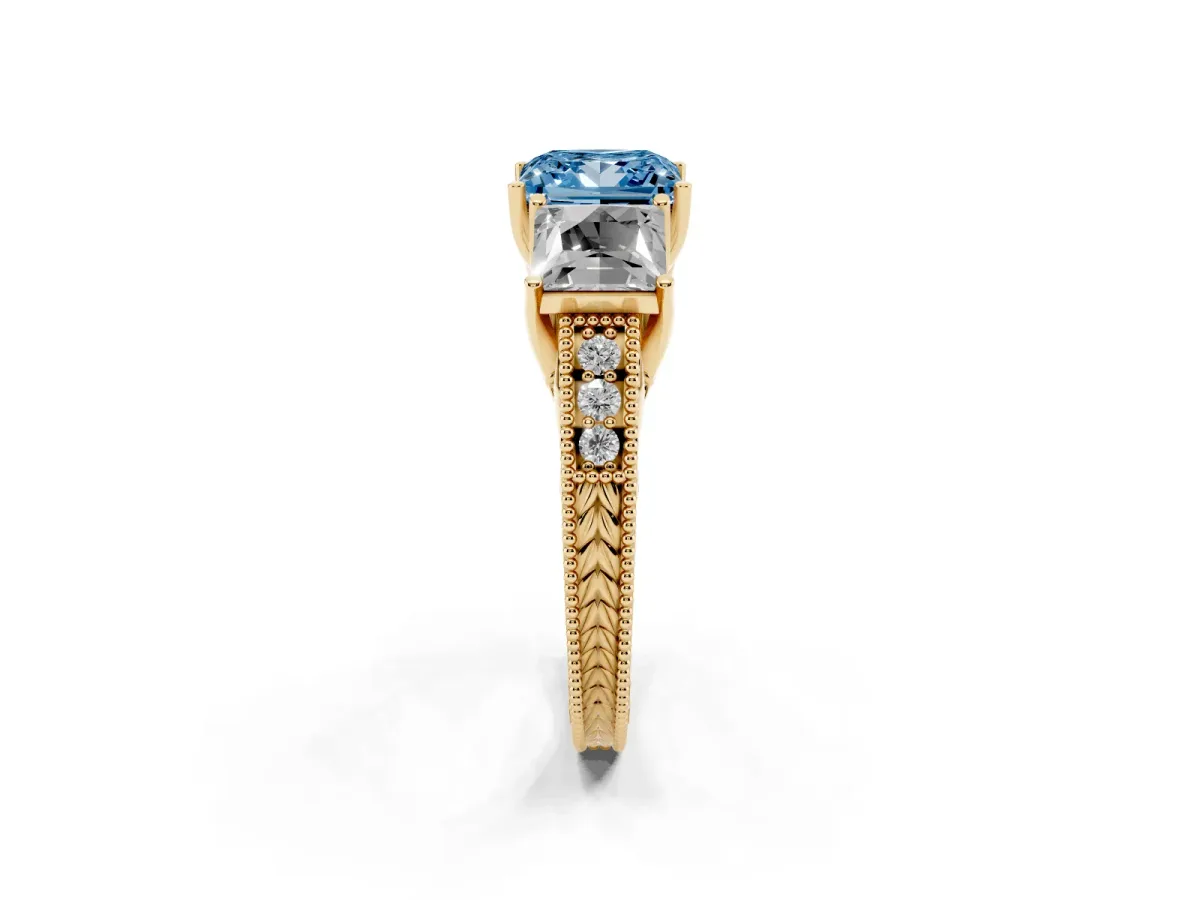 Fancy Blue Three-Stone Princess Cut Cut Milgrain Pavé Engagement Ring Yellow gold