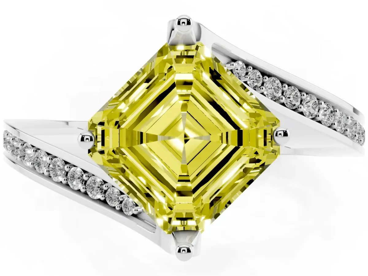 Fancy Yellow Asscher Cut Solitaire Diamond Twist Band with Pavé Setting and Four-Prong Setting Silver