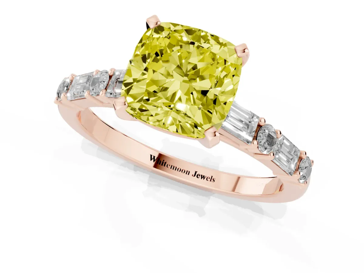 Fancy Yellow Cushion Cut Diamond Solitaire with Side Baguettes and Channel Set Band Rose gold