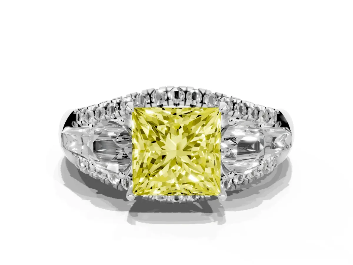 Fancy Yellow Three-Stone Princess Cut Diamond Engagement Ring with Pave Band and Prong Setting Silver
