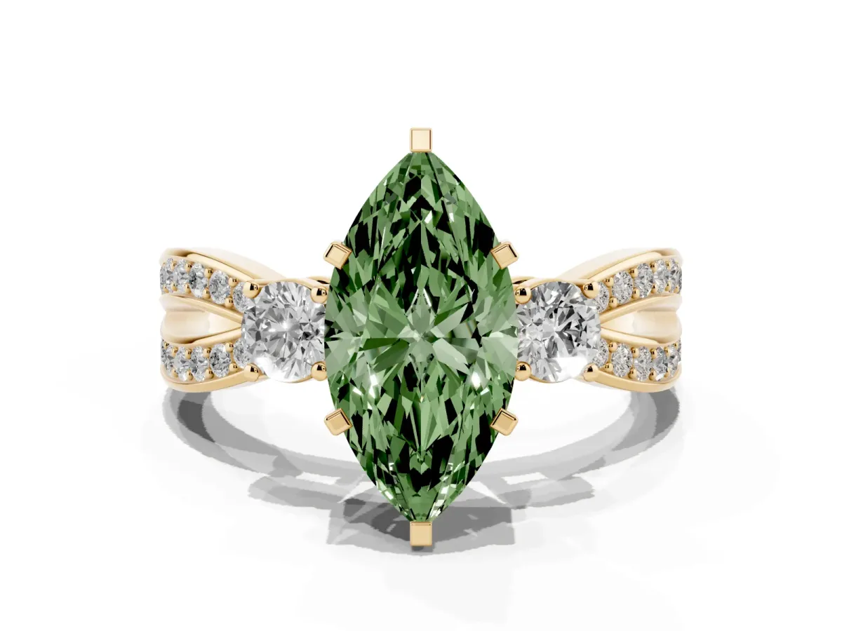 Fancy Green Three-Stone Marquise Cut Cut Diamond Twist Band with Prong Setting Yellow gold