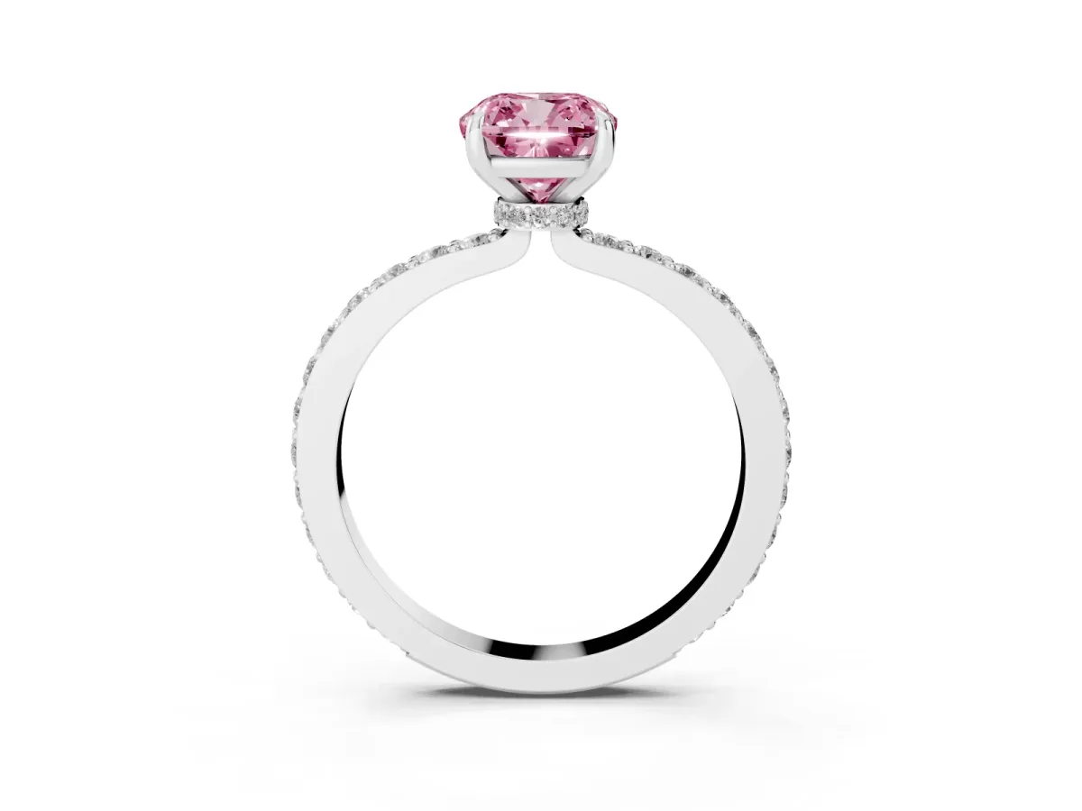 Fancy Pink Cushion Cut Diamond Solitaire Engagement Ring with Pavé Band and Four-Prong Setting White gold