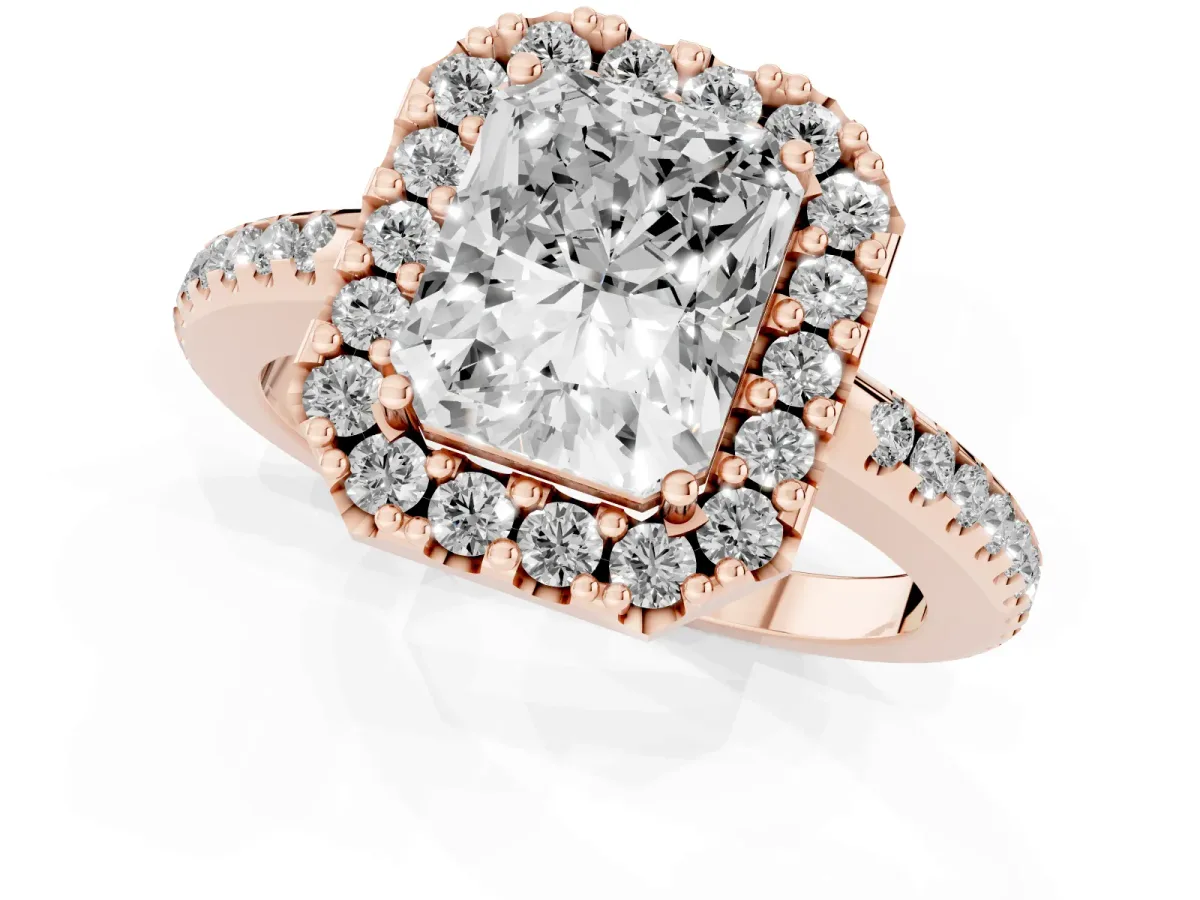 Radiant Cut Diamond Pavé Halo Ring with Four-Prong Setting Rose gold
