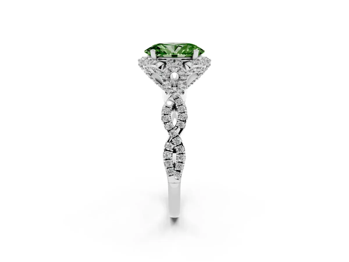 Fancy Green Oval Cut Halo Twist Band Solitaire Ring with Six-Prong Setting Silver
