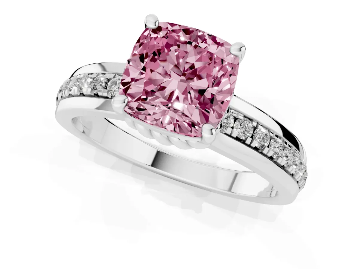 Fancy Pink Cushion Cut Solitaire Diamond Ring with Channel Set Band and Six-Prong Setting White gold