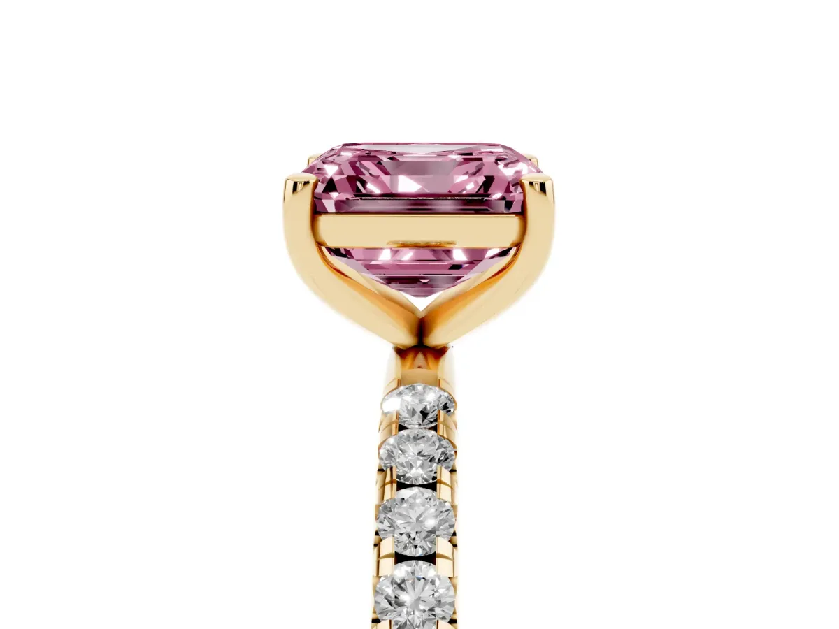 Fancy Pink Asscher Cut Cut Diamond Solitaire Ring with Micro Pave Band and Four Prong Setting Yellow gold