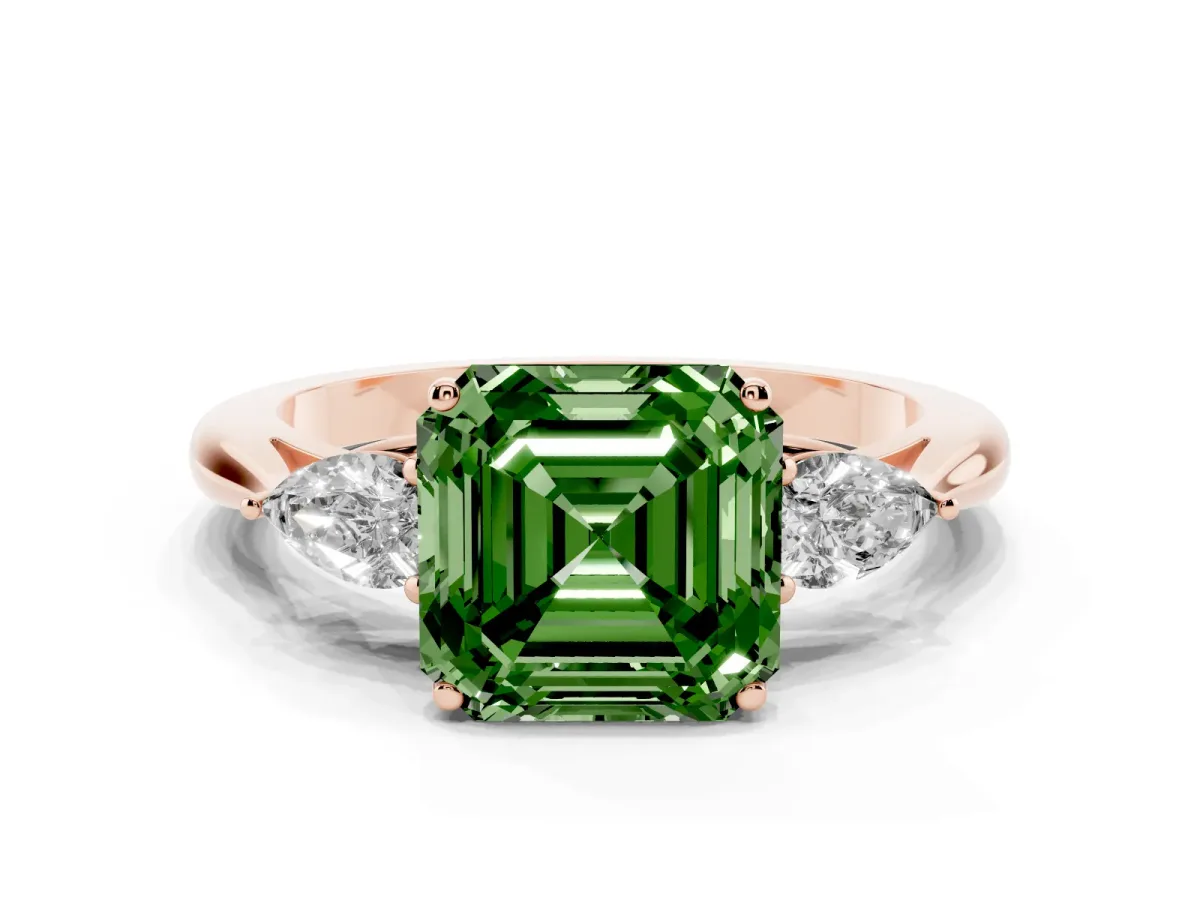 Fancy Green Three-Stone Asscher Cut Brilliant Diamond Solitaire Ring with Tapered Band and Four-Prong Setting Rose gold