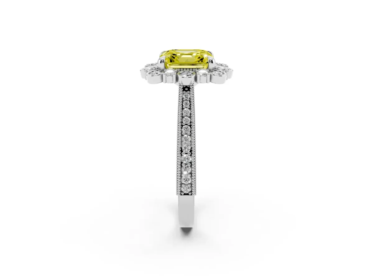 Fancy Yellow Asscher Cut Halo Milgrain Pave Diamond Ring with Four-Prong Setting Silver