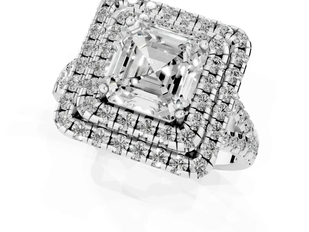 Double Halo Asscher Cut Diamond Pavé Split Shank Ring with Prong Setting Silver