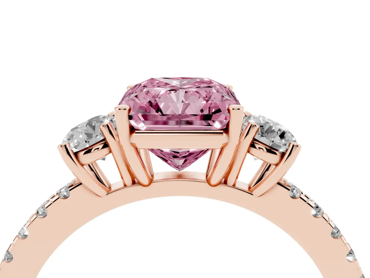 Fancy Pink Three-Stone Radiant Cut Cut Diamond Pavé Band with Prong Setting Rose gold