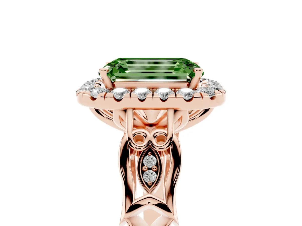Fancy Green Emerald Cut Halo Diamond Engagement Ring with Filigree Band and Four-Prong Setting Rose gold