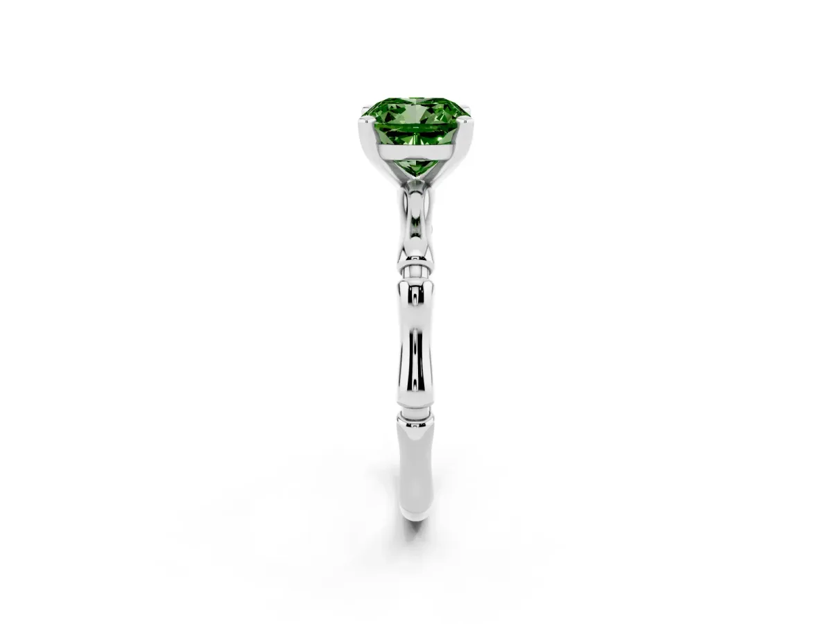 Fancy Green Cushion Cut Solitaire Diamond Ring with Bamboo Band and Four-Prong Setting Silver