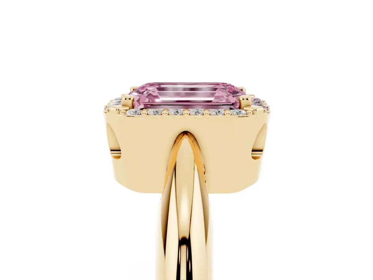 Fancy Pink Emerald Cut Cut Diamond Halo Engagement Ring with Split Shank and Four-Prong Setting Yellow gold