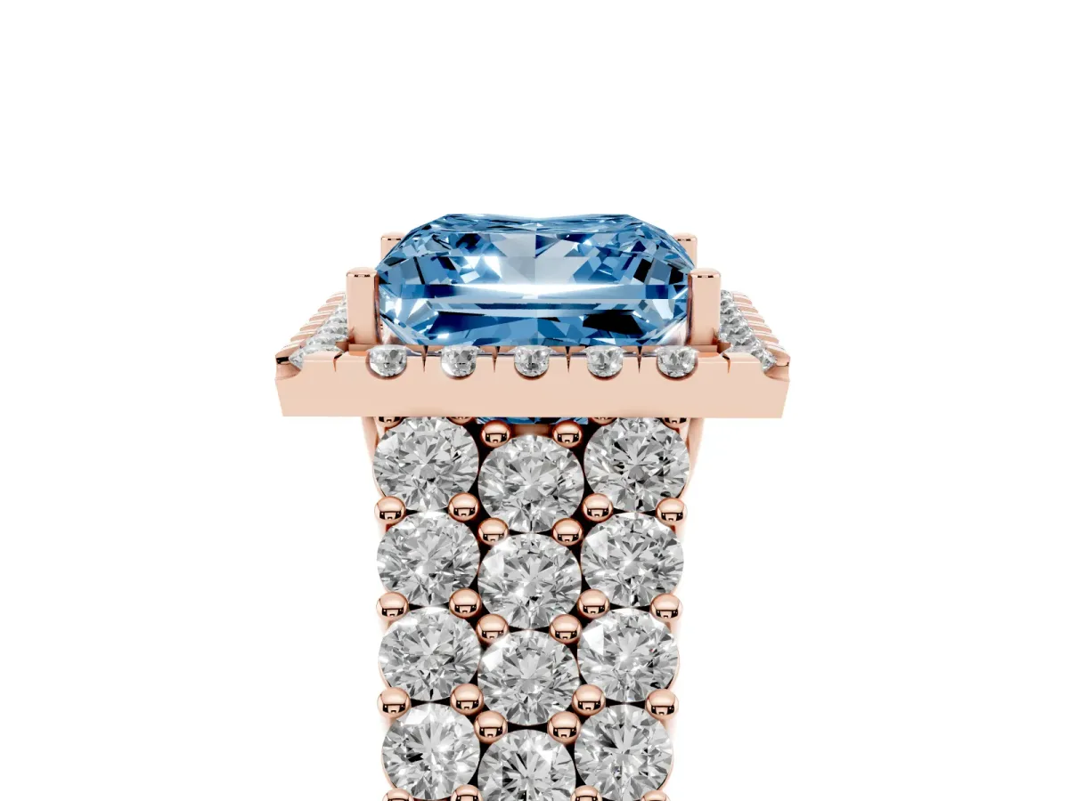 Fancy Blue Princess Cut Diamond Halo Engagement Ring with Triple Row Round Pavé Band and Prong Setting Rose gold