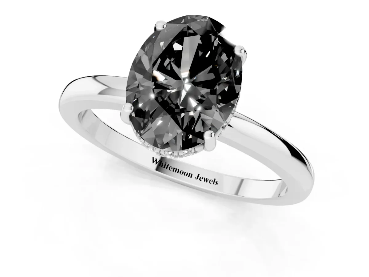 Fancy Black Oval Cut Solitaire Diamond Ring with Prong Setting and Plain Band Silver