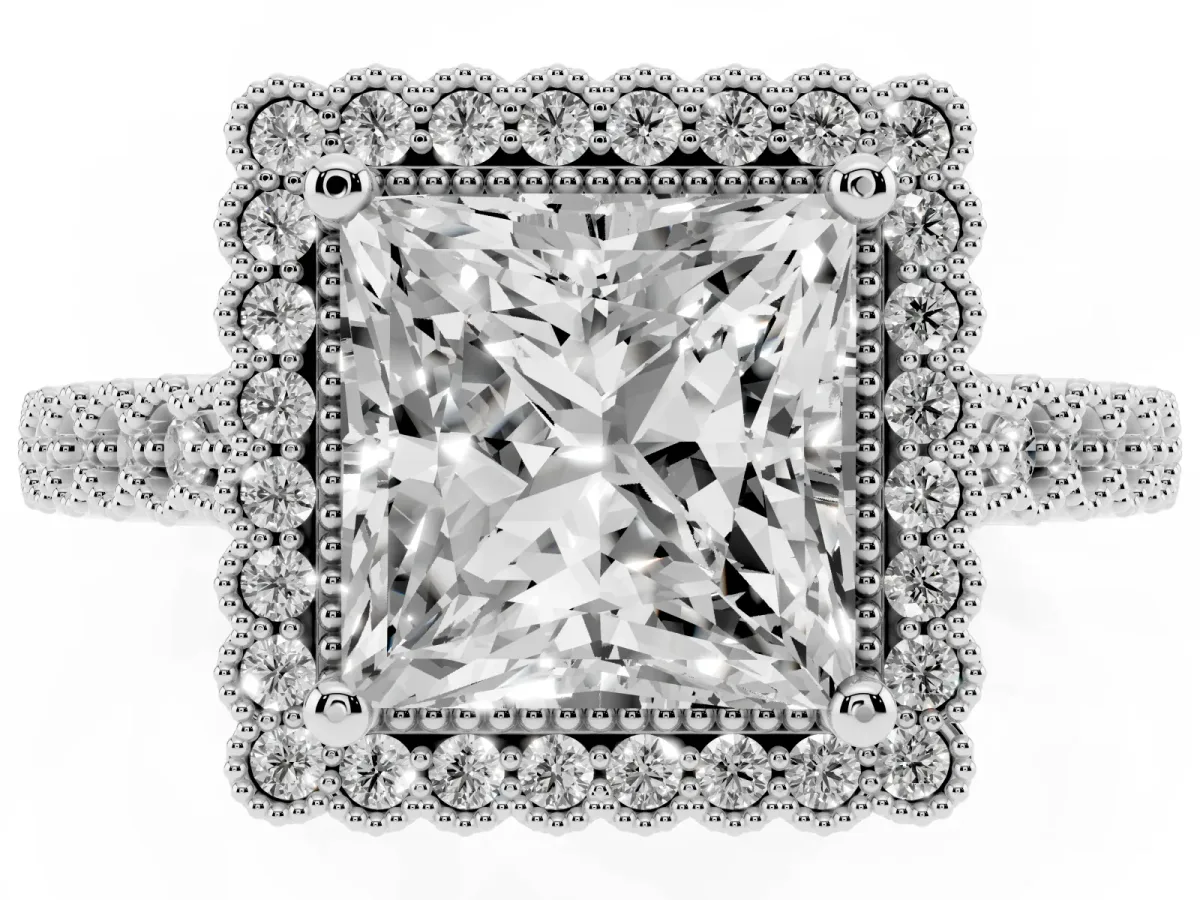 Princess Cut Cut Halo Pavé Solitaire Ring with Milgrain Band Platinum