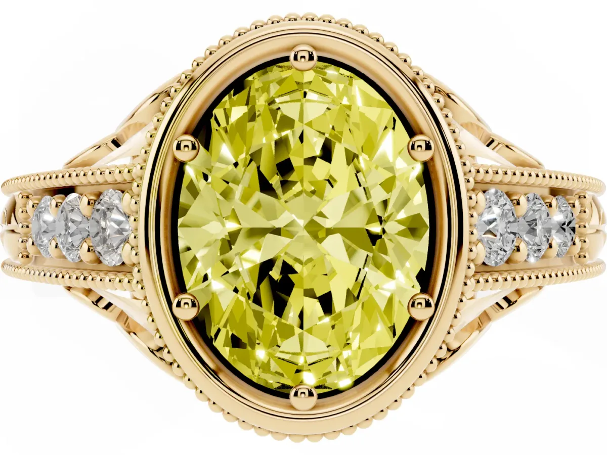 Fancy Yellow Bezel Set Oval Cut Diamond Milgrain Pave Engagement Ring Yellow gold