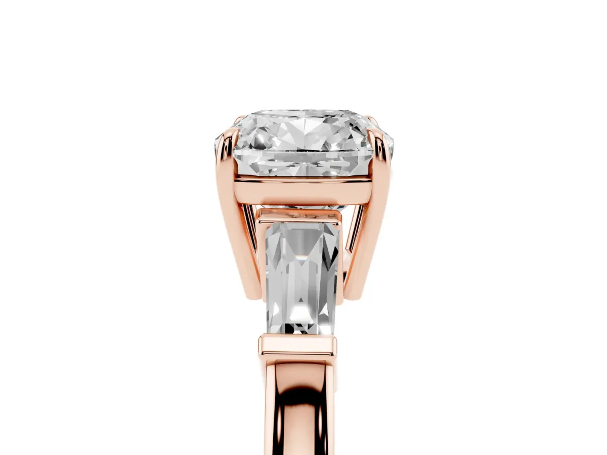 Cushion Cut Diamond Three-Stone Ring with Tapered Baguette Side Stones and Prong Setting Rose gold