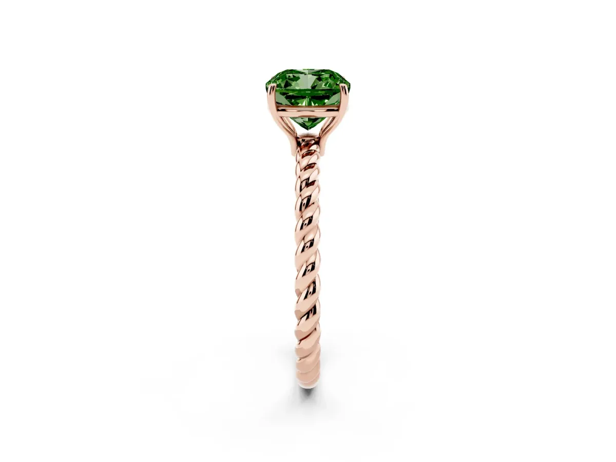 Fancy Green Cushion Cut Solitaire Twist Band Ring with Four-Prong Setting Rose gold