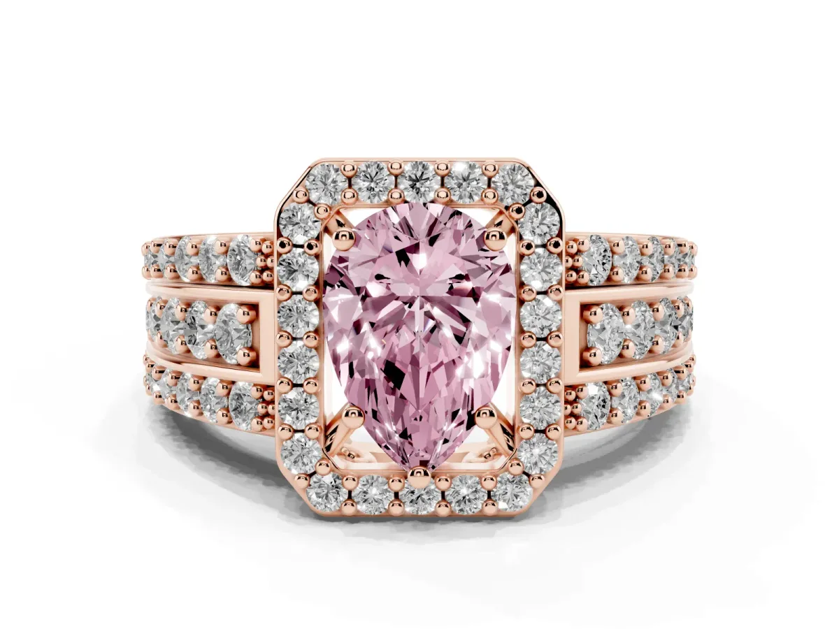 Fancy Pink Pear Cut Halo Diamond Ring with Round Split Shank and Prong Setting Rose gold
